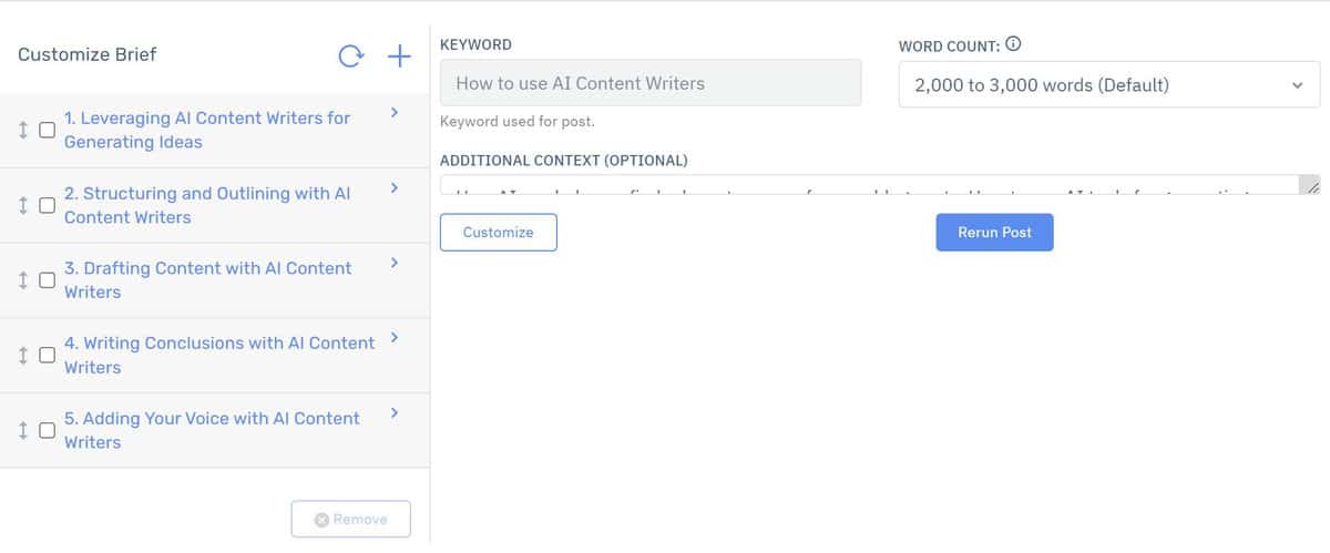 Content at Scale Generating a Customisable Outline